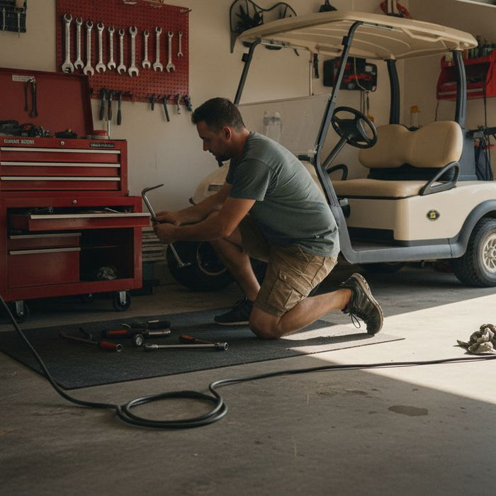 Owner gathering tools for golf cart tire work