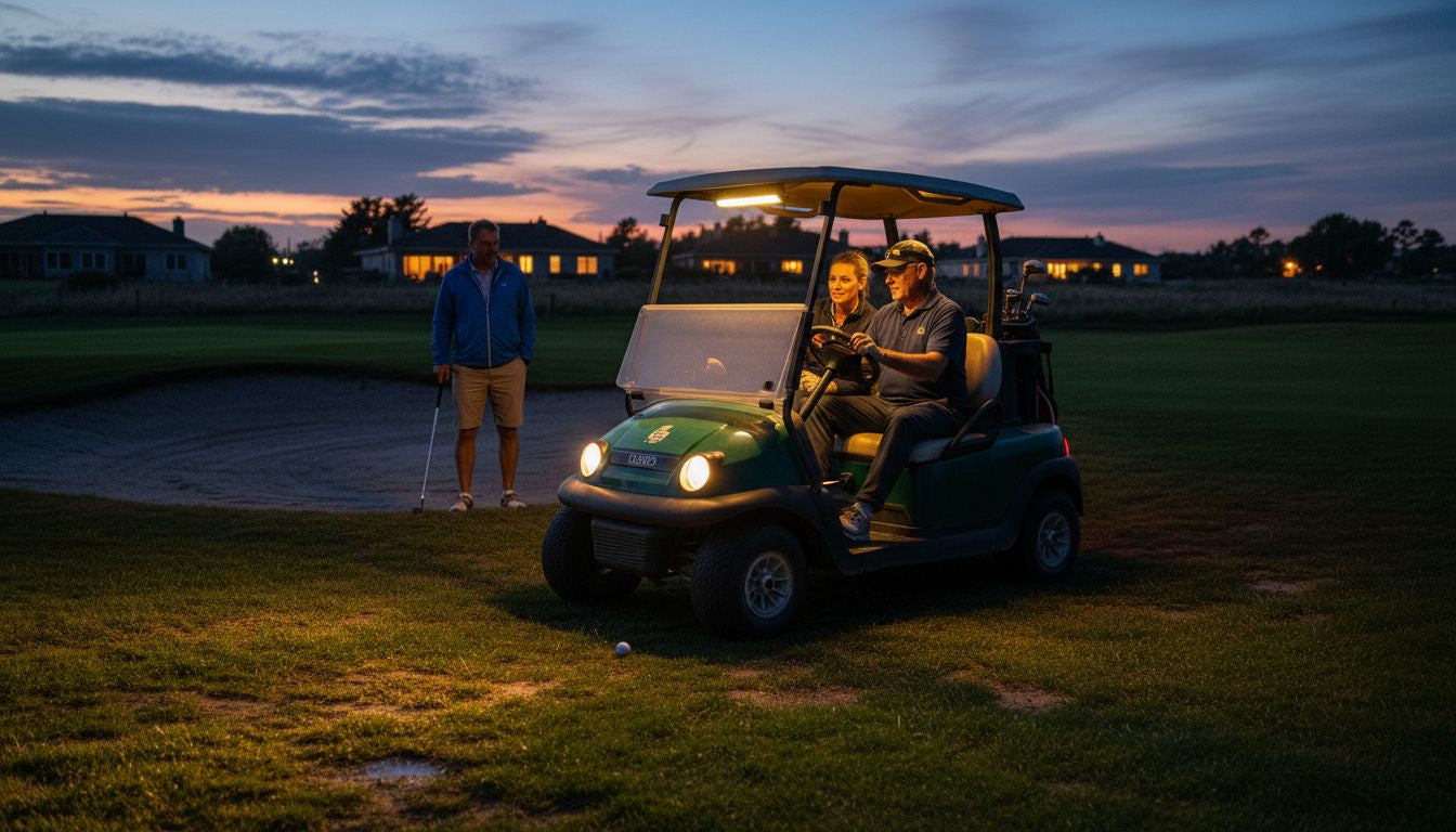 Golf cart showing various lights at dusk