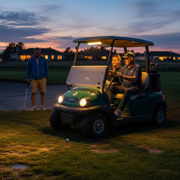 Golf cart showing various lights at dusk
