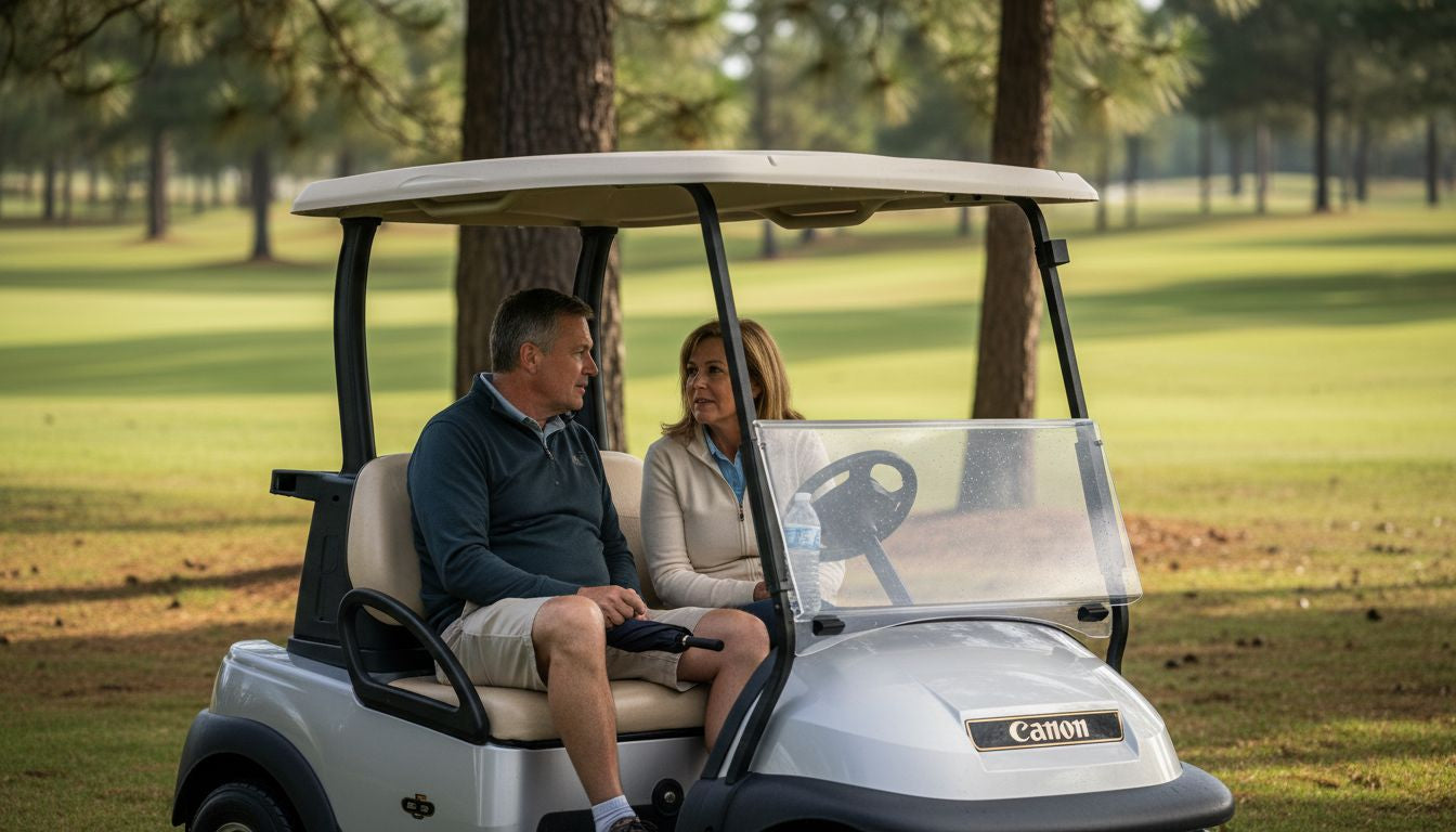 Golf cart with canopy offers shade outdoors