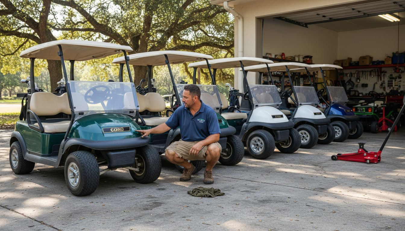 Technician comparing golf cart wheel types outside