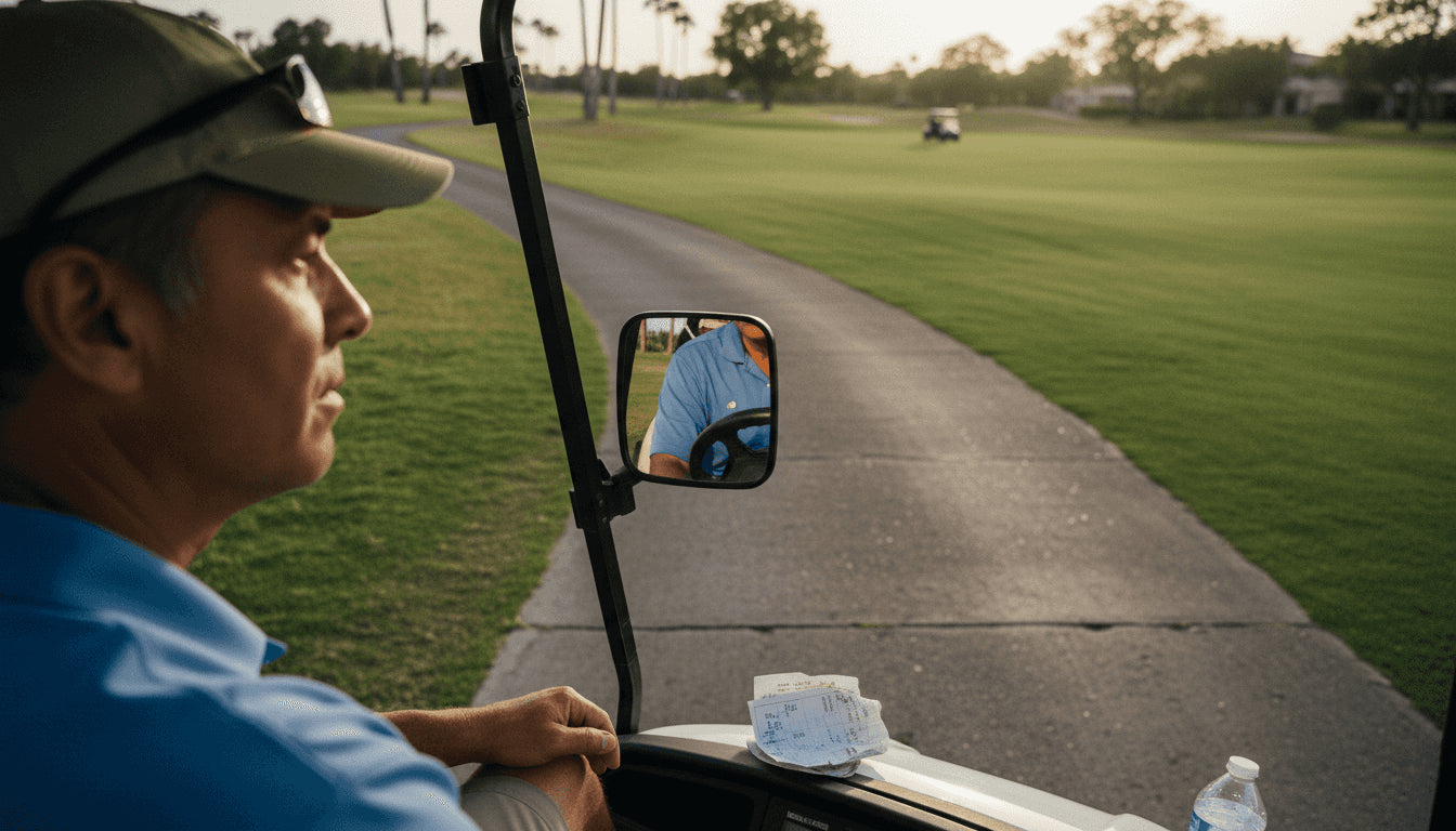 Golfer checking side mirror while driving cart