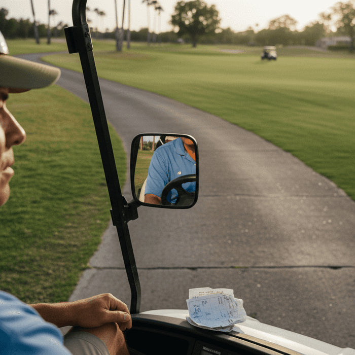 Golfer checking side mirror while driving cart