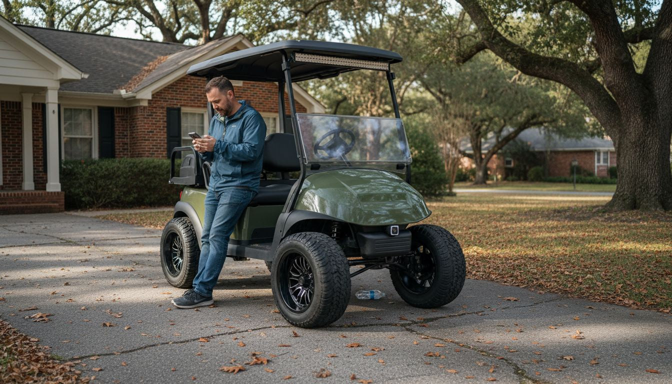 Man with upgraded golf cart in driveway