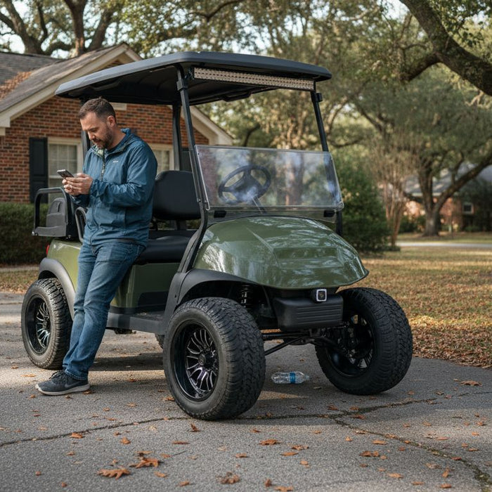 Man with upgraded golf cart in driveway