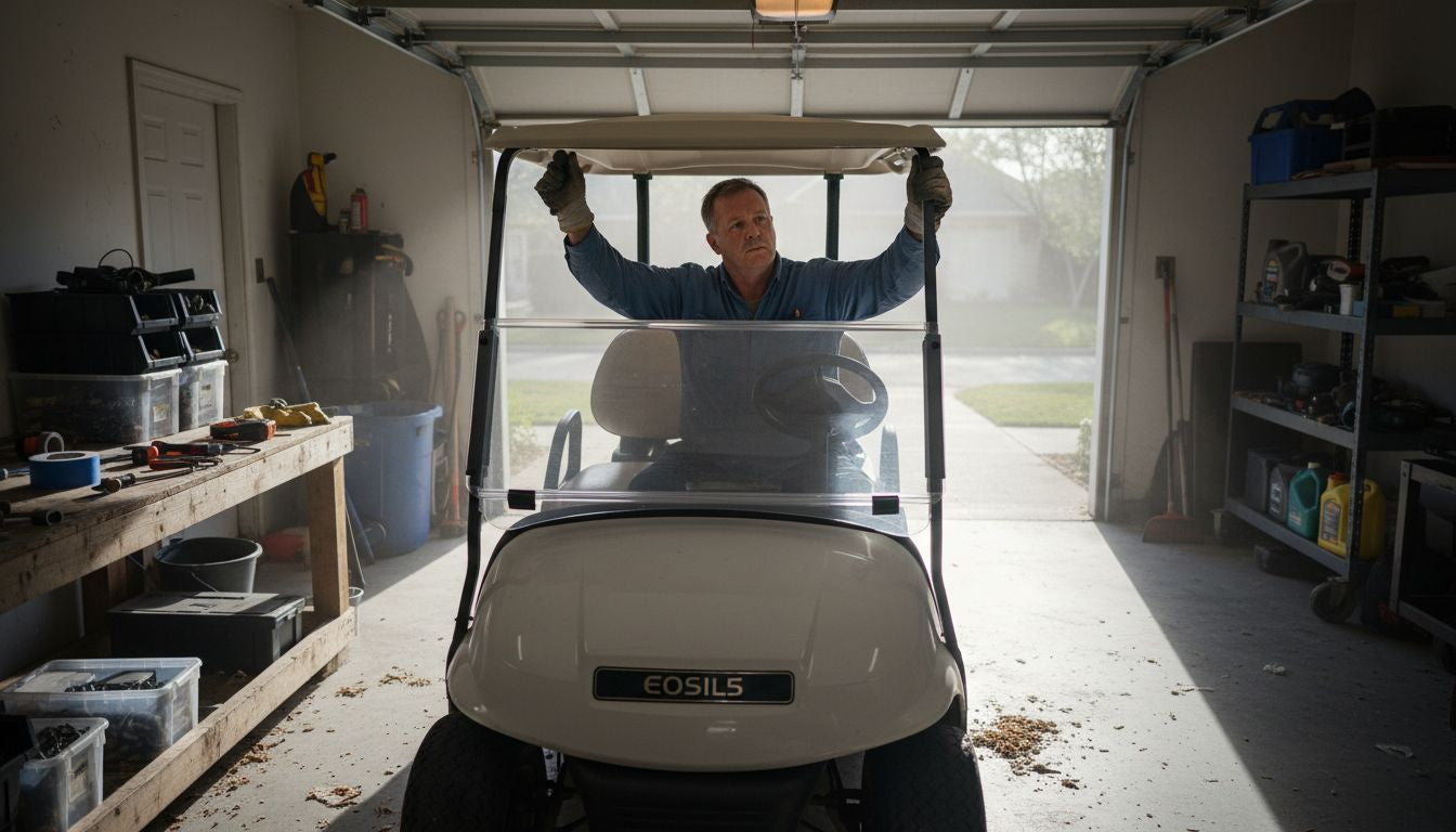 Man installing windshield on golf cart in garage