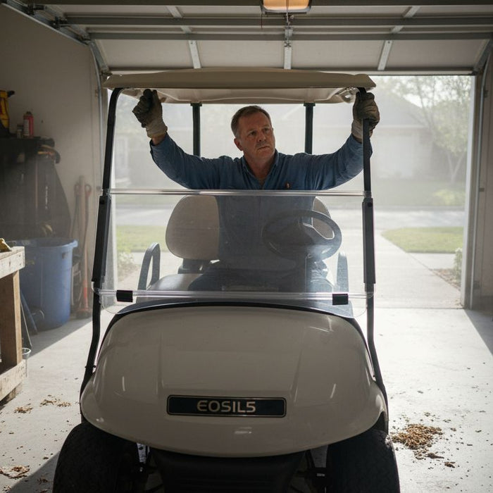 Man installing windshield on golf cart in garage