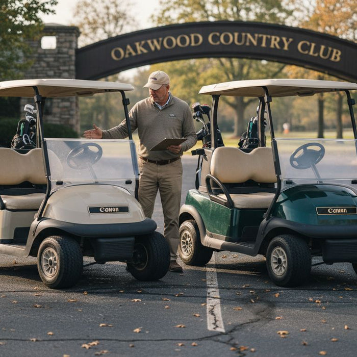 Man comparing gas and electric golf carts