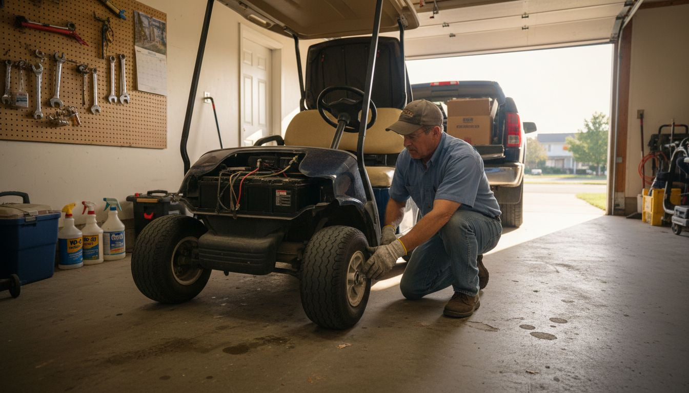 Checking tires during golf cart maintenance