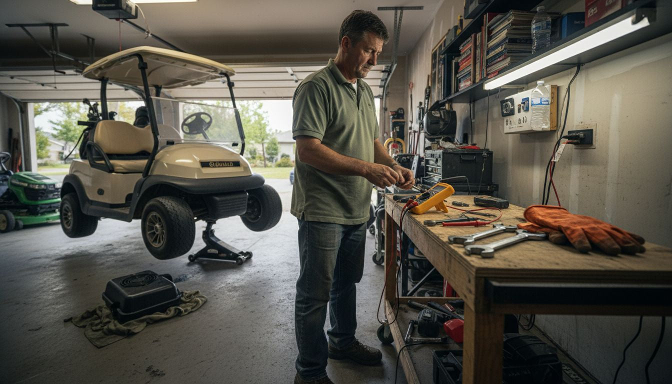 Technician preparing tools for golf cart motor test