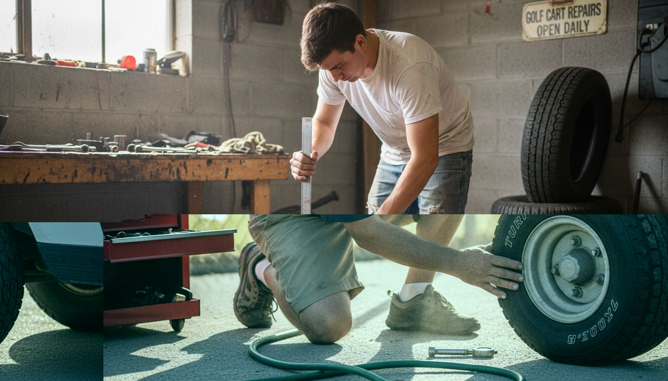 Technician checking golf cart tire label