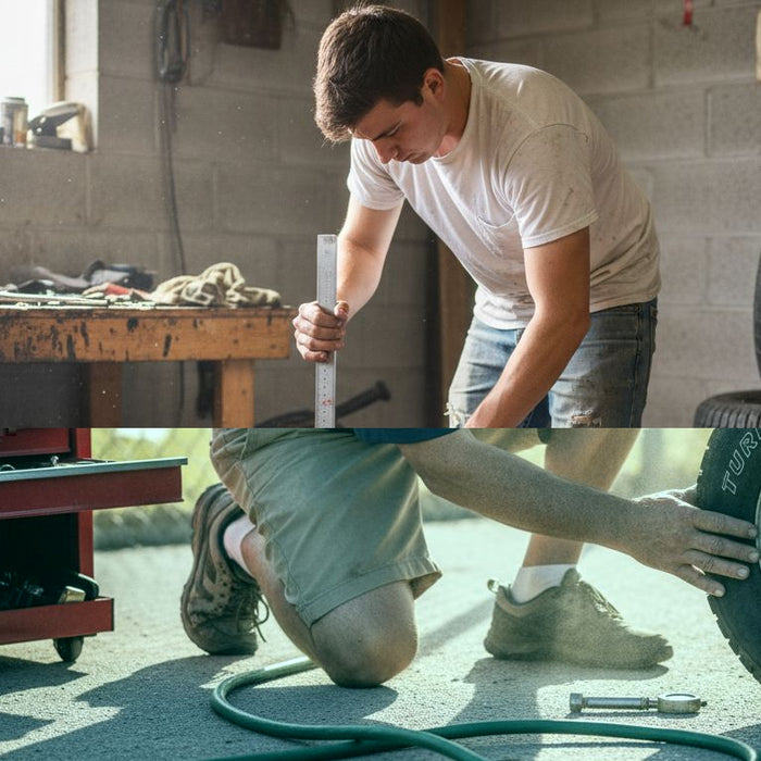 Technician checking golf cart tire label