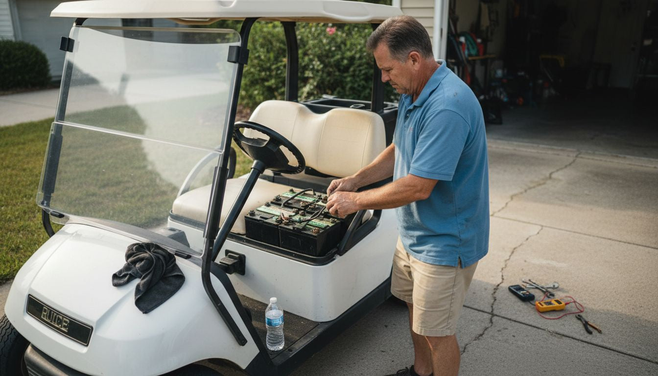 Checking batteries in open golf cart compartment