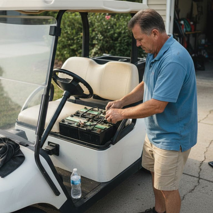 Checking batteries in open golf cart compartment