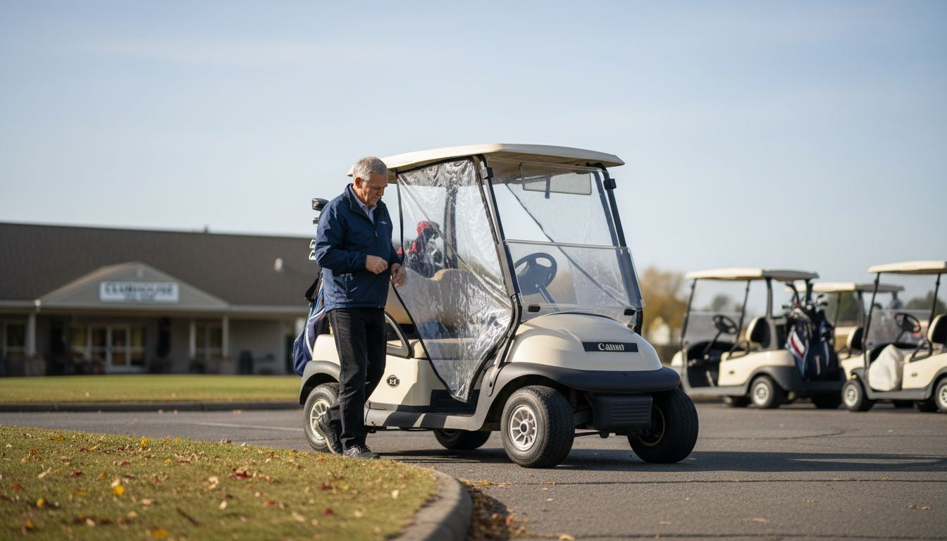 Golf cart with clear enclosure in outdoor setting