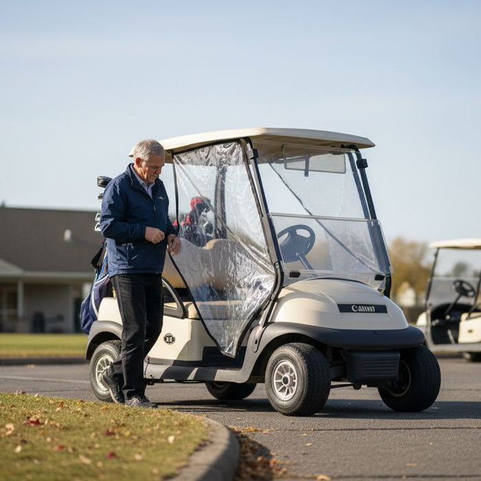 Golf cart with clear enclosure in outdoor setting