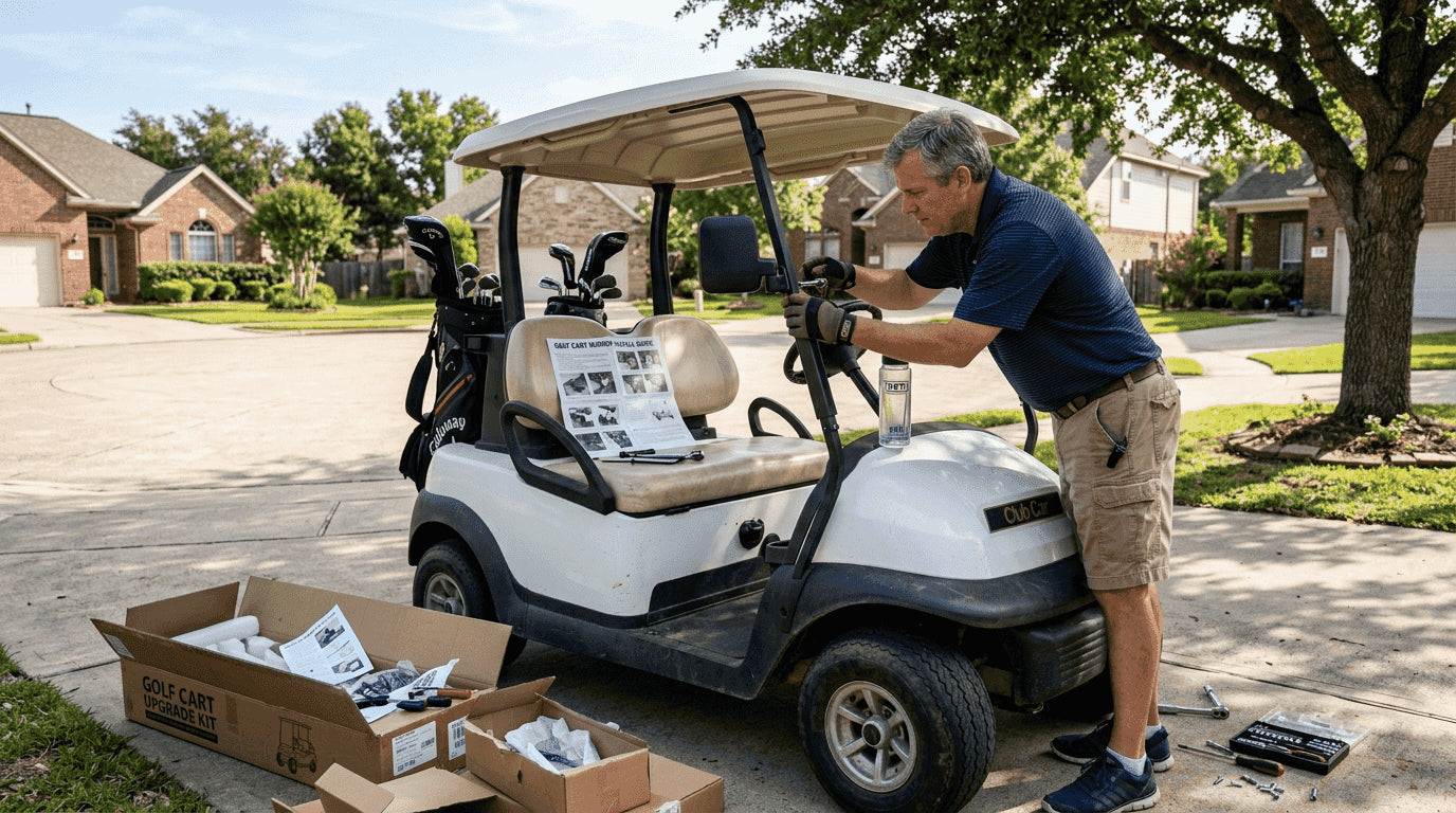 Man installing golf cart mirror add-on