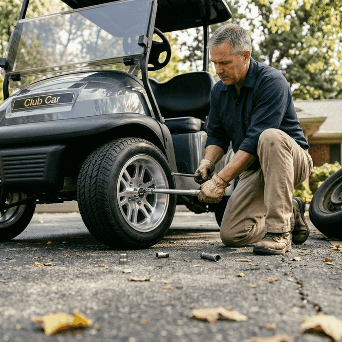 Man installing custom wheels on golf cart