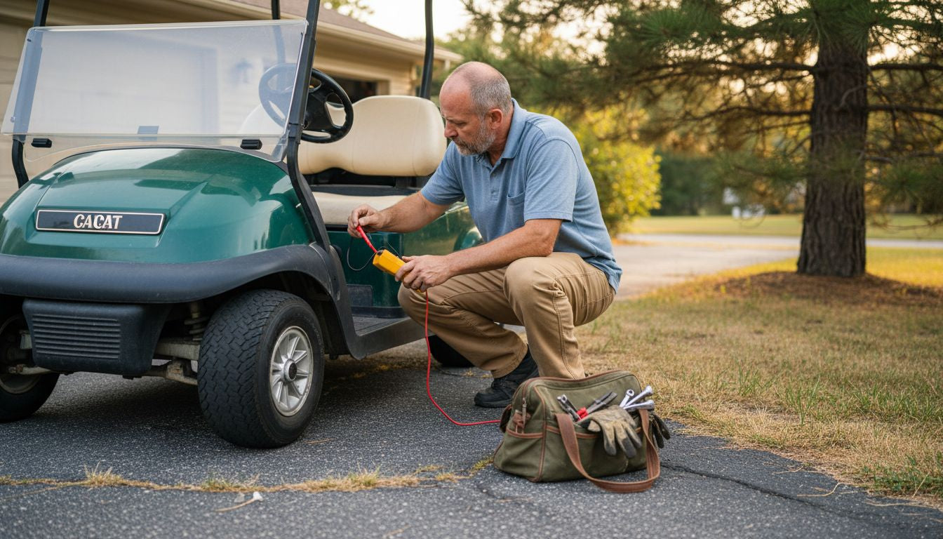 Man testing golf cart voltage outdoors