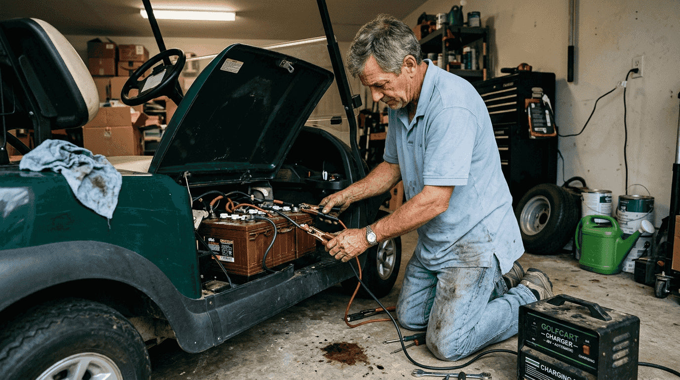 Technician inspecting golf cart charger in garage