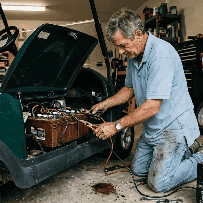 Technician inspecting golf cart charger in garage