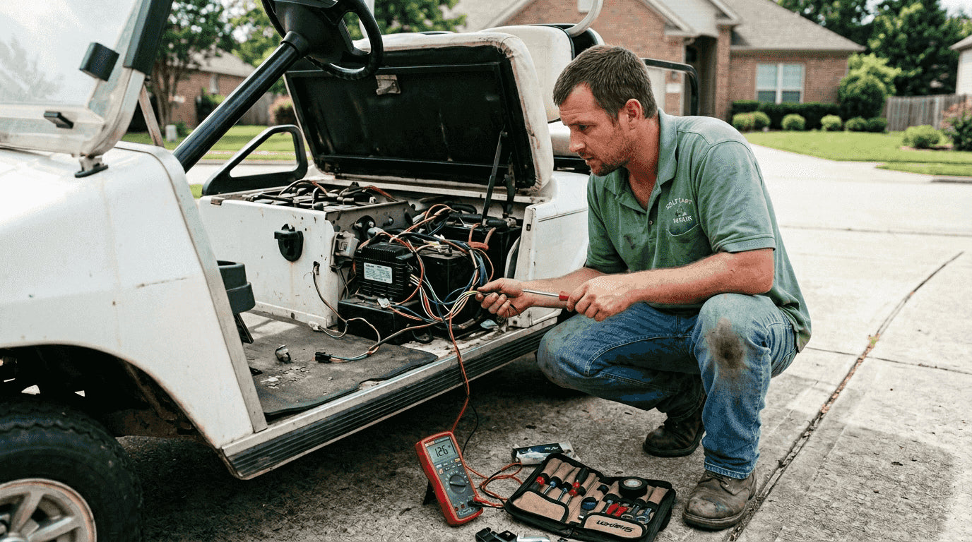 Technician inspecting golf cart controller wiring