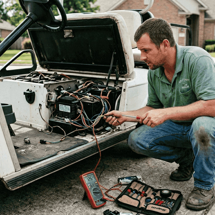 Technician inspecting golf cart controller wiring