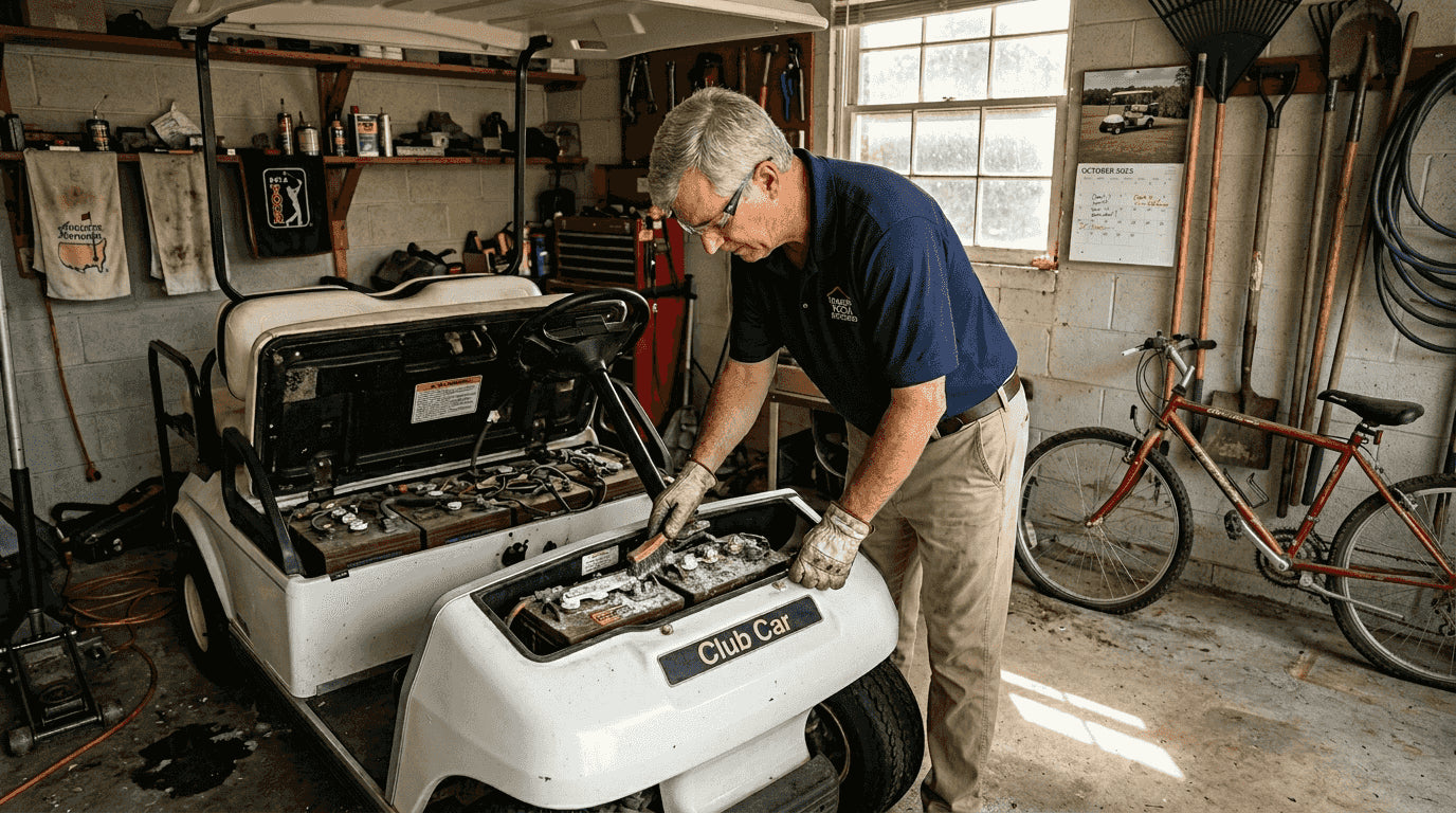 Technician cleaning golf cart battery terminals