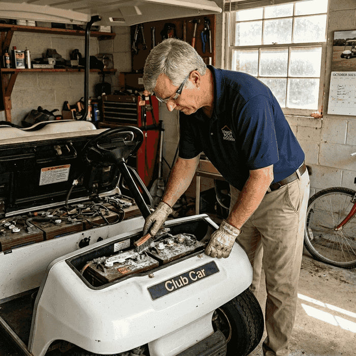 Technician cleaning golf cart battery terminals