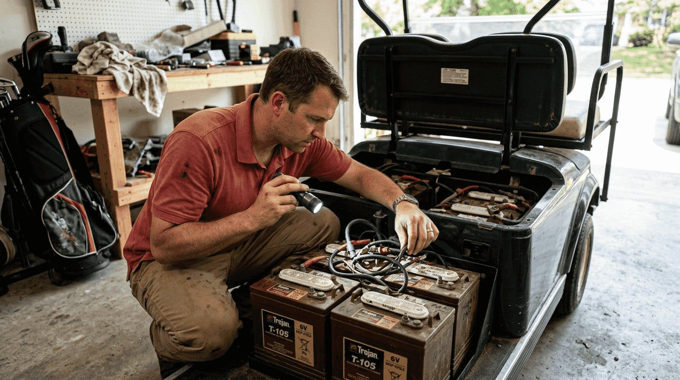 Technician checking golf cart battery voltage