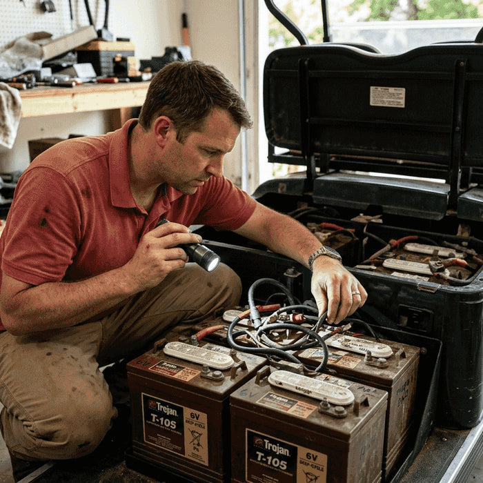 Technician checking golf cart battery voltage