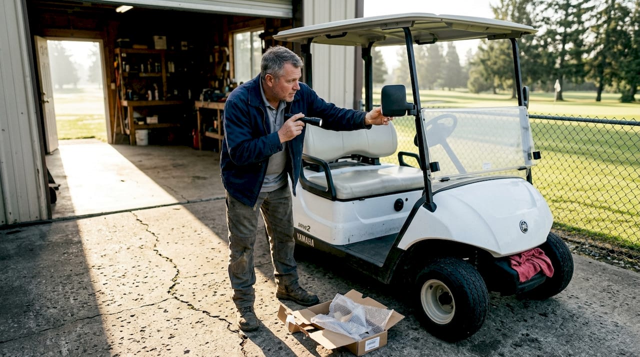 Technician inspecting mirrors on a parked golf cart