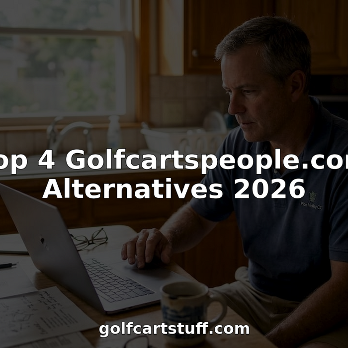 Man comparing golf cart websites at kitchen table