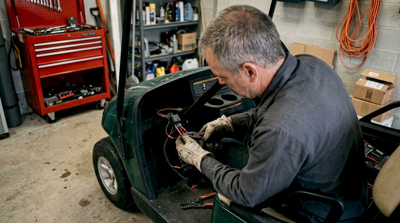 Technician wiring golf cart relay in garage setting