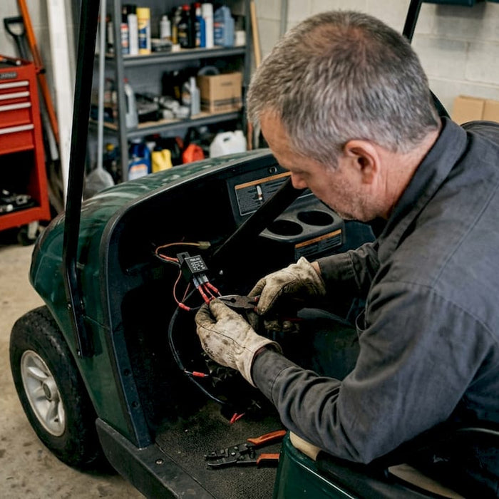 Technician wiring golf cart relay in garage setting
