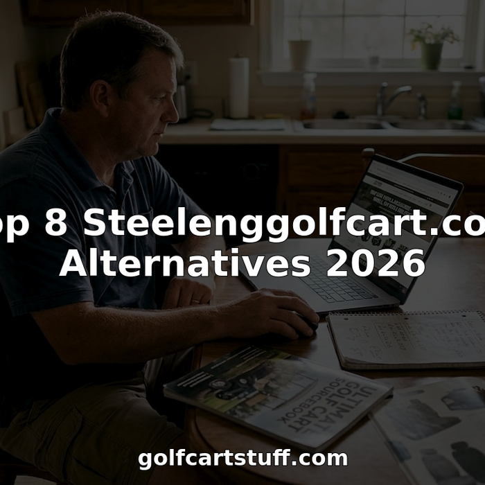 Searching online for golf cart parts at kitchen table
