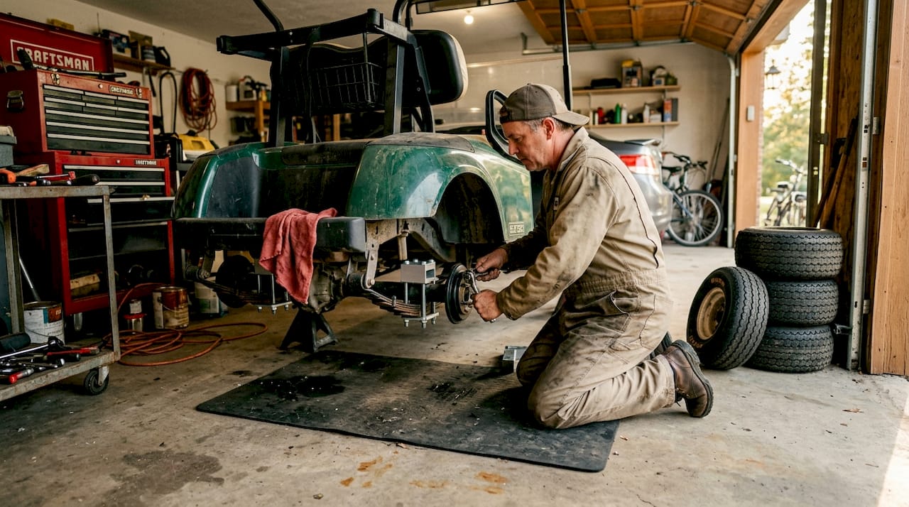 Technician installing lift block on golf cart axle