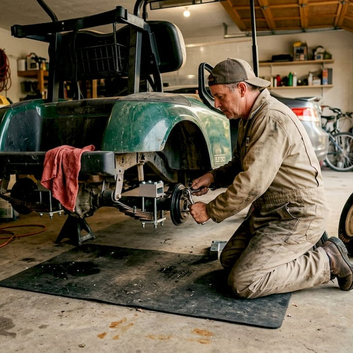 Technician installing lift block on golf cart axle