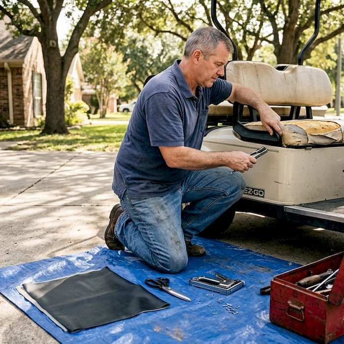 Man preparing golf cart upholstery materials