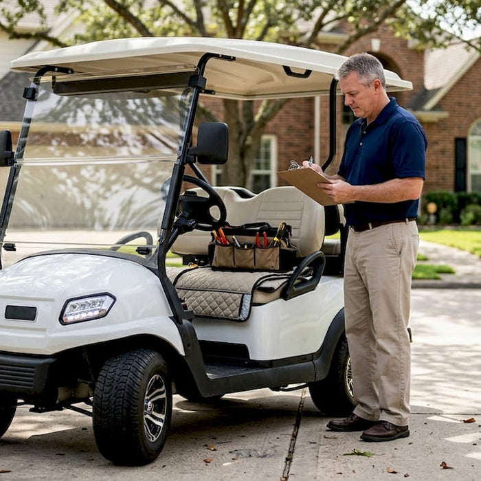 Man checking golf cart accessory list