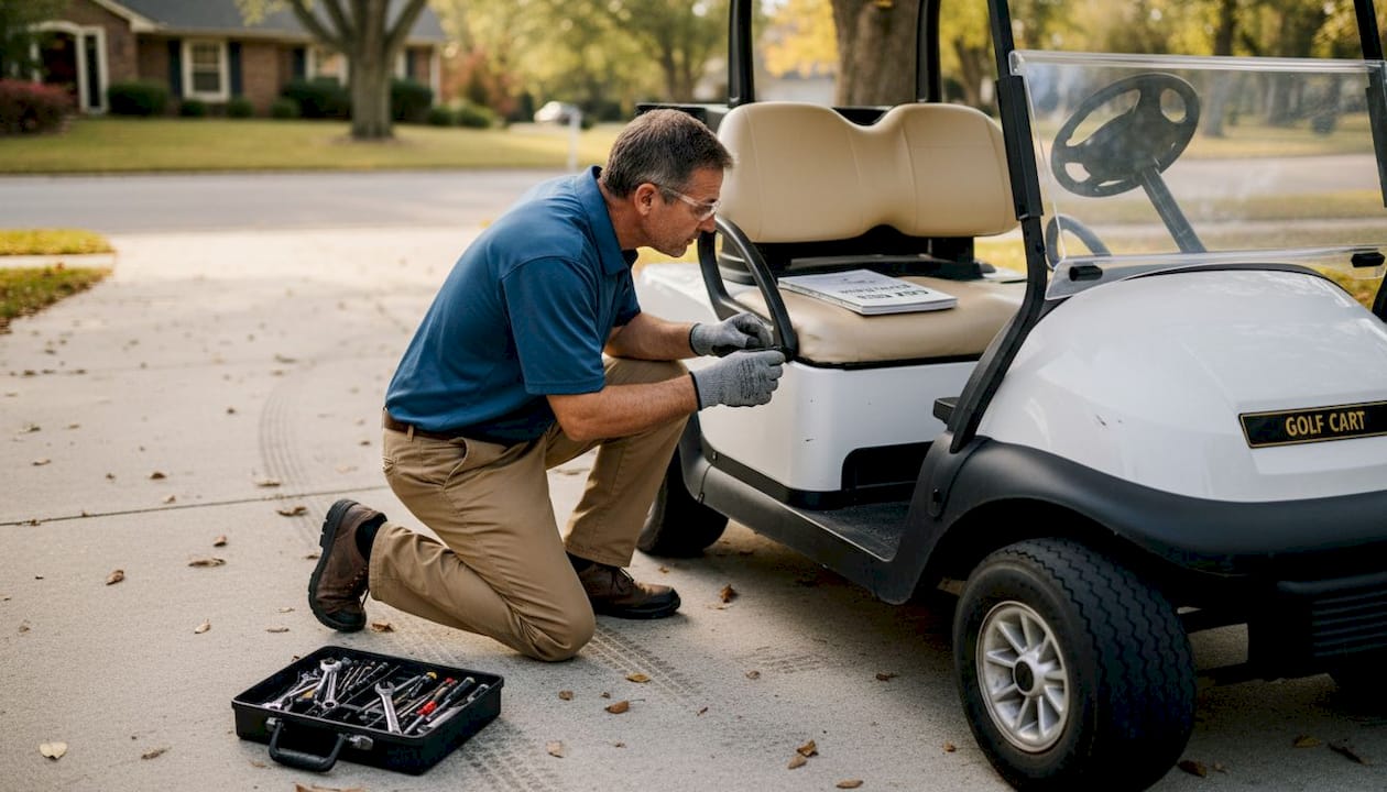 Man assessing golf cart body panel damage
