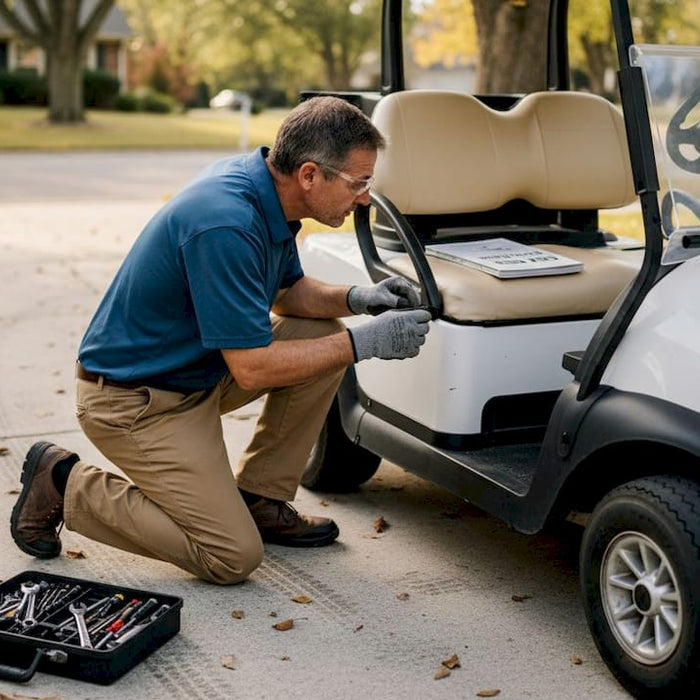 Man assessing golf cart body panel damage