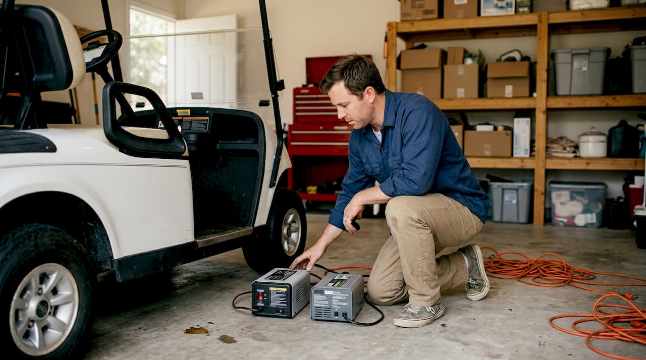 Golf cart owner comparing two battery chargers