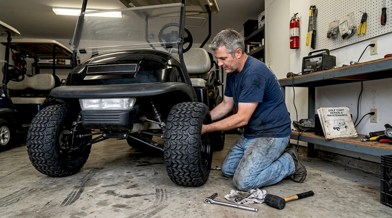 Mechanic installing new tires on golf cart