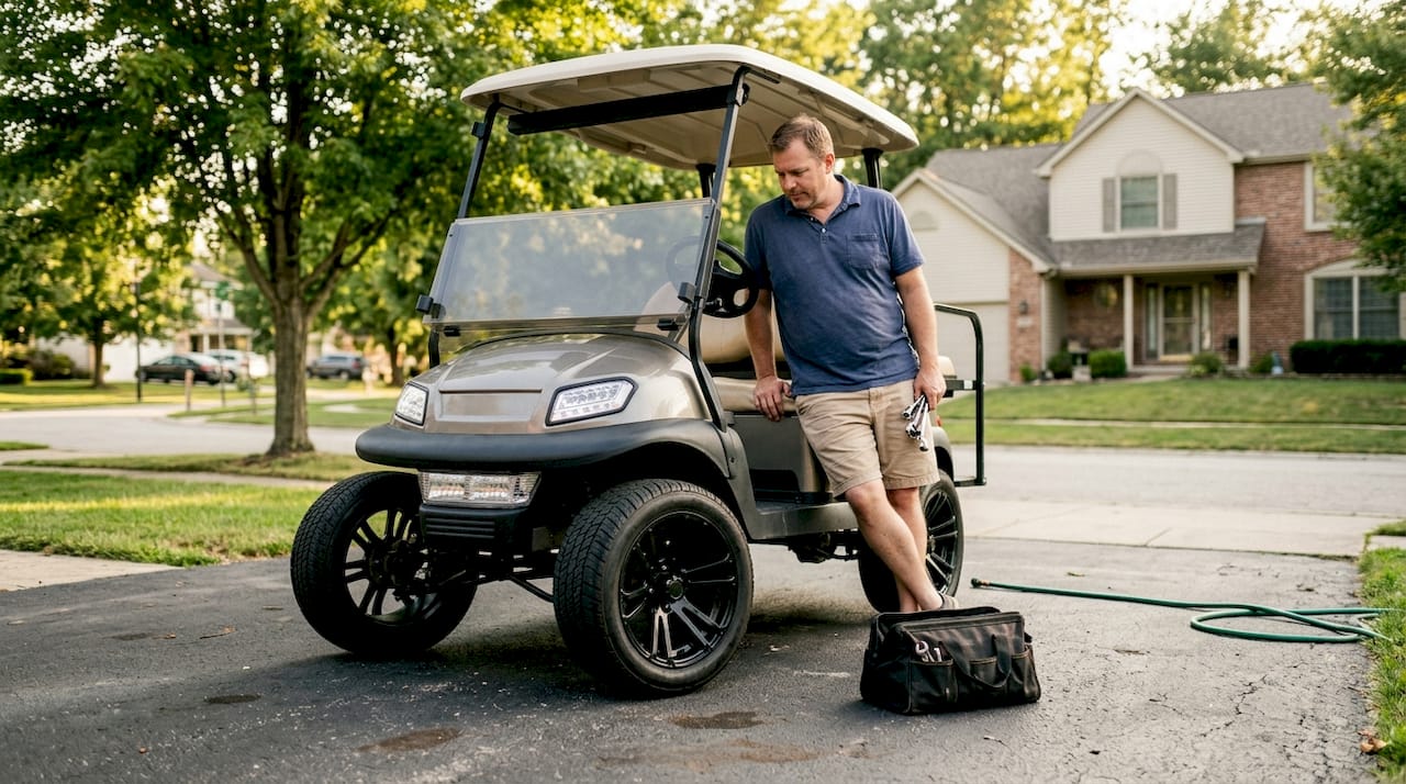 Owner inspecting modified golf cart driveway