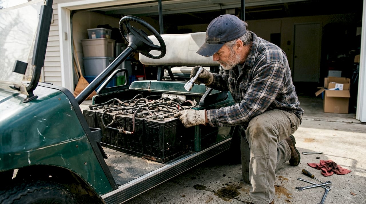 Man inspecting golf cart battery at home driveway