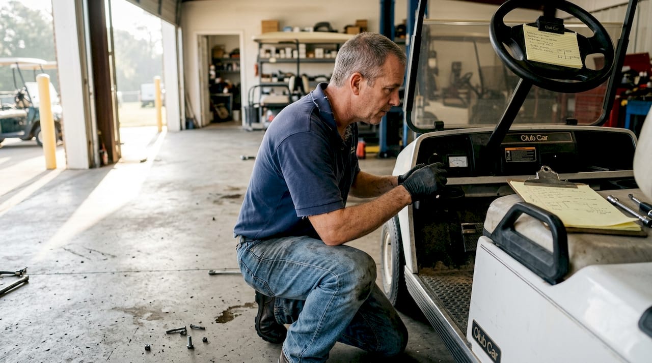 Technician inspecting golf cart battery meter