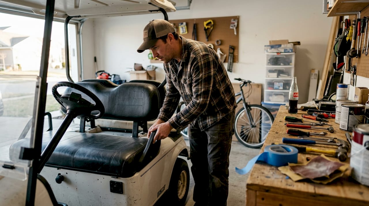 Man inspecting damaged golf cart seat in garage