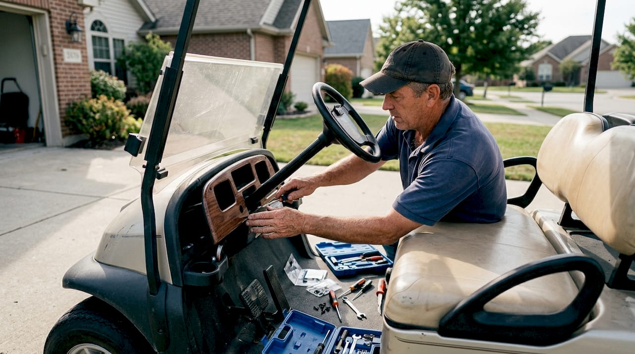 Man installing dash kit in golf cart