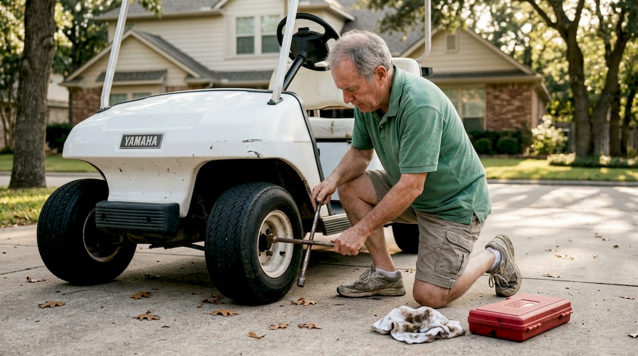 Man loosening golf cart tire outside